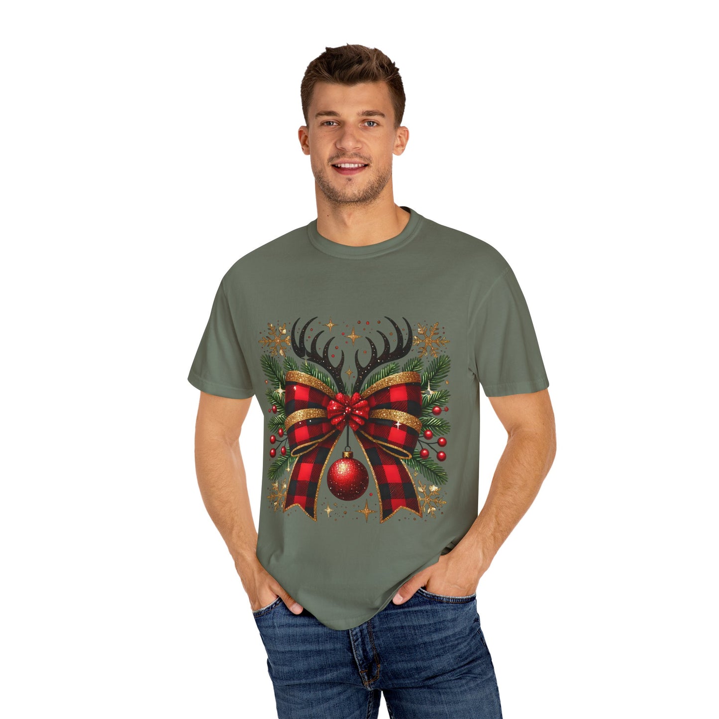 Christmas Coquette Bow with Holly and Antlers