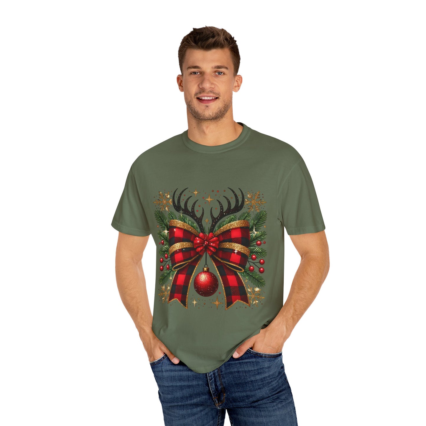 Christmas Coquette Bow with Holly and Antlers